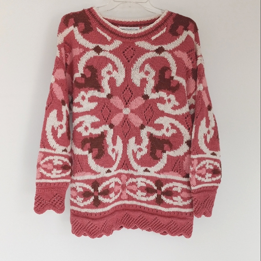Vintage Paris Sport Club Sweater Size M Pink Hand Knitted Patterned Scallop Edge
